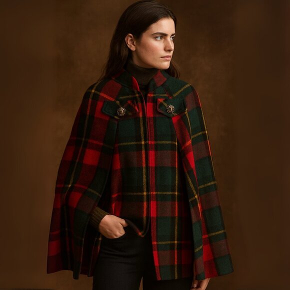 Vintage Jackets & Blazers - VINTAGE Queen of Capes Country Place Tartan Wool Cape w/ Brass Lion Buttons